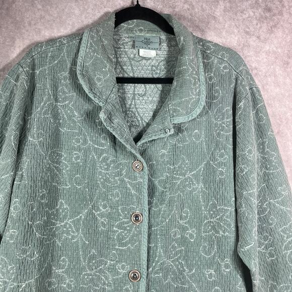 Hot Cotton Blazer Jacket Women 2X Green Floral Quilted Button Front Mature Artsy - Picture 2 of 9